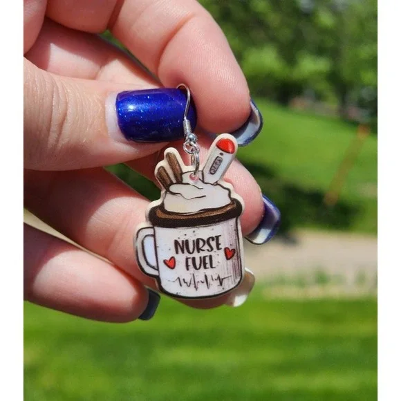 Nurse Fuel Coffee Mug Earrings Cute Medical Themed Jewelry Gift - Picture 1 of 4